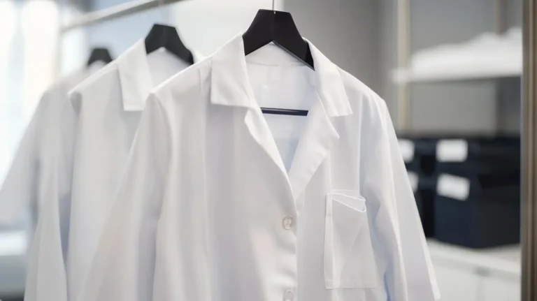 Jalecos brancos pendurados em cabides dentro da lavanderia, simbolizando a higienização de jalecos