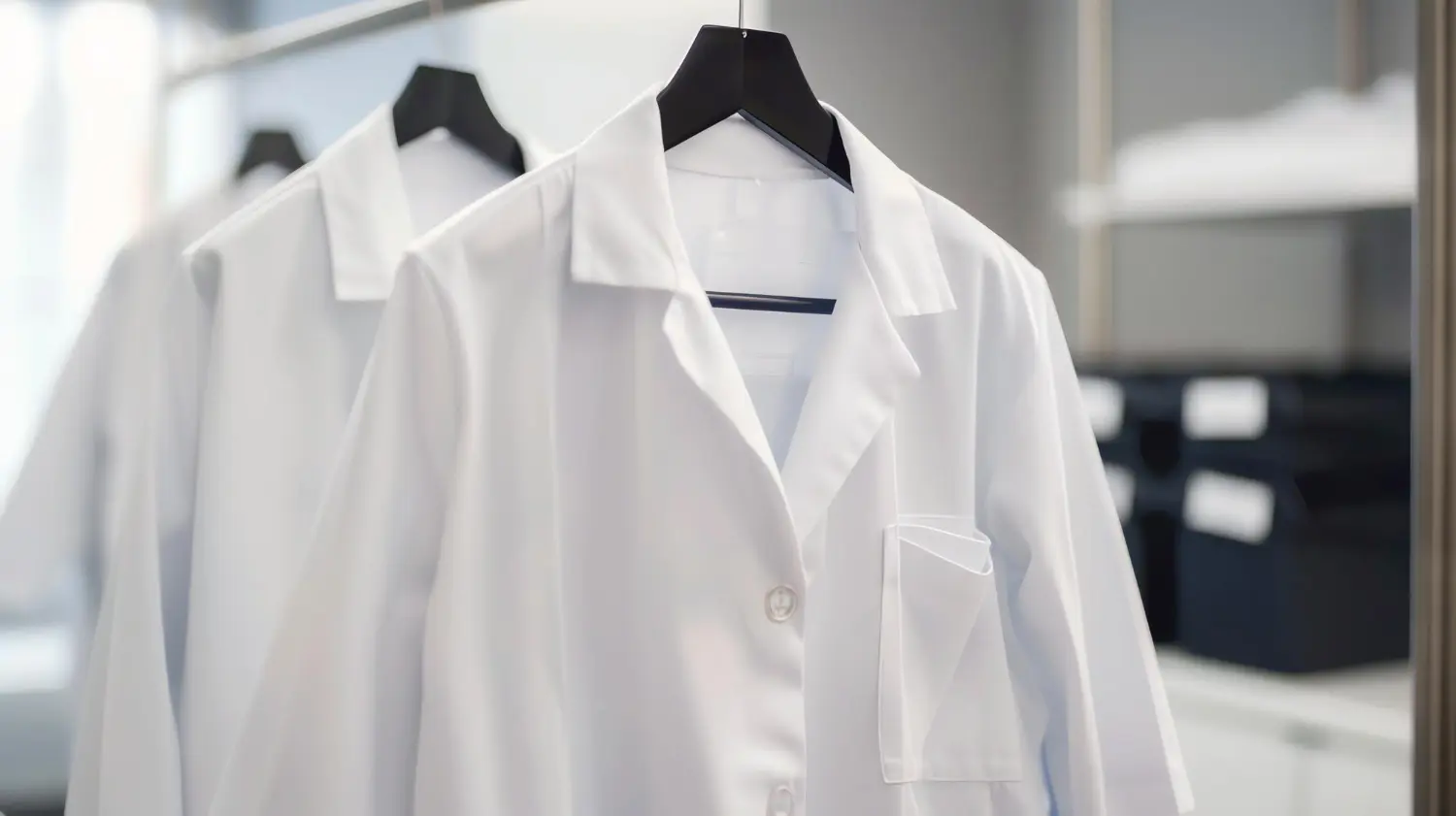 Jalecos brancos pendurados em cabides dentro da lavanderia, simbolizando a higienização de jalecos