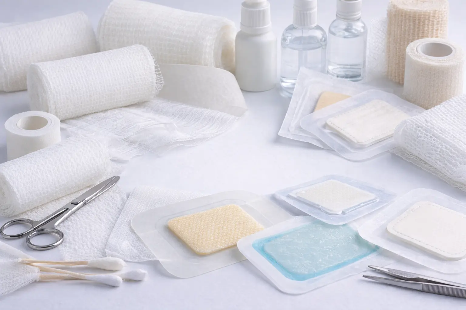 Conjunto de materiais e coberturas para feridas em bancada clínica, ilustrando tipos de curativos e a escolha da opção ideal.