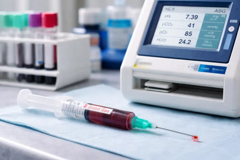 Seringa e analisador em bancada ilustram a gasometria arterial na rotina clínica e laboratorial