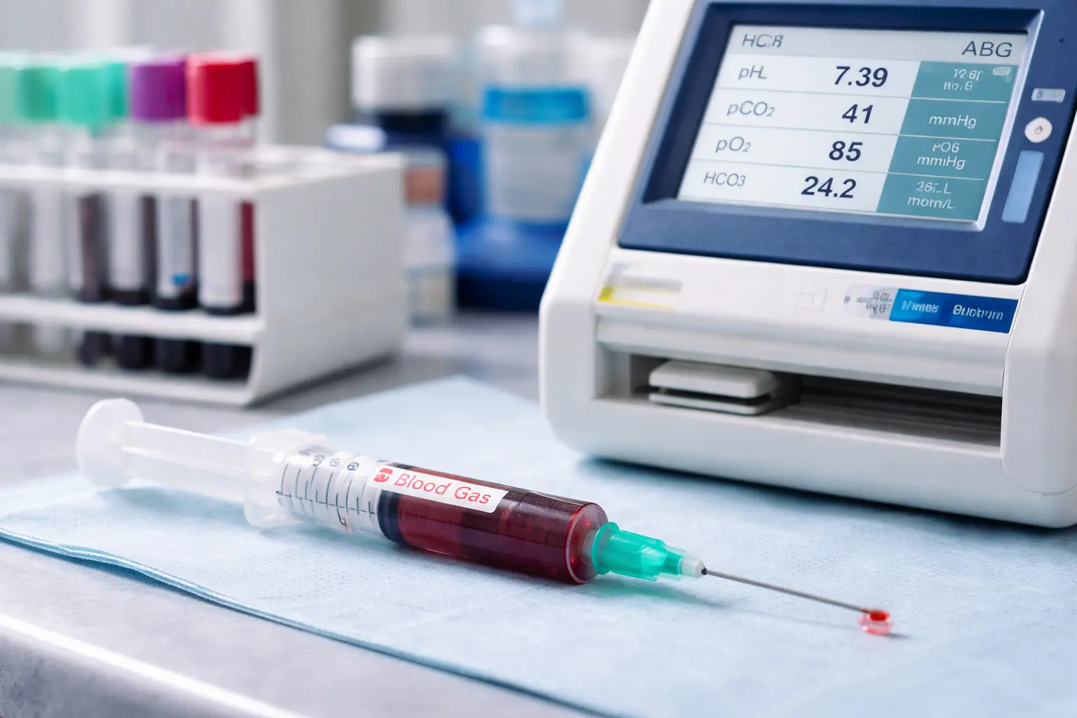 Seringa e analisador em bancada ilustram a gasometria arterial na rotina clínica e laboratorial