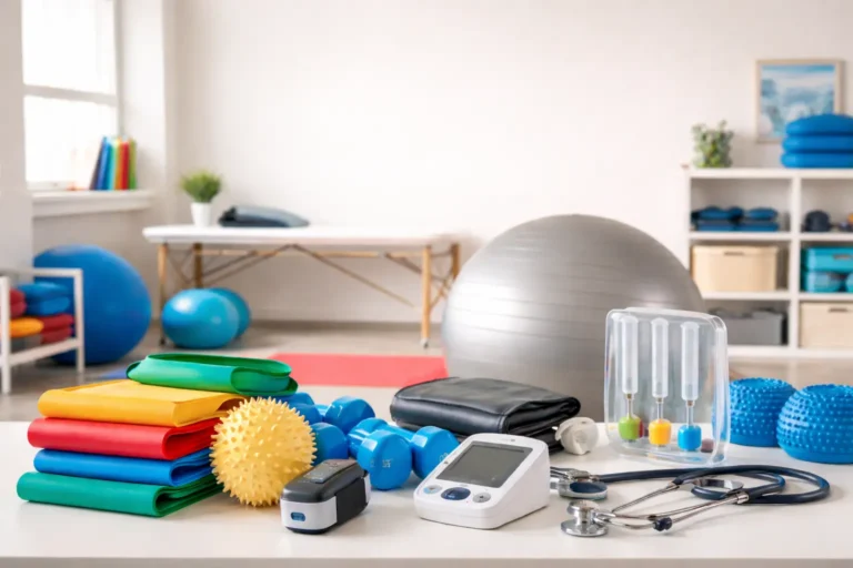 Produtos para fisioterapia organizados em clínica, com acessórios de exercício e avaliação funcional