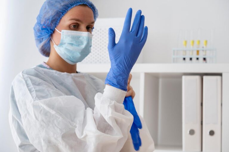 Profissional usa EPIs para prevenção de infecção hospitalar em ambiente de saúde