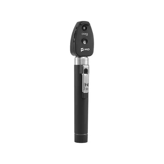 Oftalmoscópio OMNI LED MD preto em comparação de oftalmoscópio direto vs oftalmoscópio indireto.